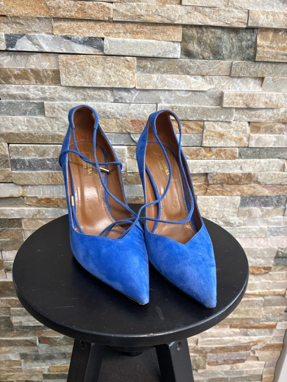Aquazzura Matilde 105 Blue Suede Lace Up Pumps Size 39 Italy Designer